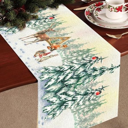 Julebordløper med hjort og trær, sesongbasert vinter julekjøkken spisebord dekorasjon, julelinbordløper (180x33 cm)