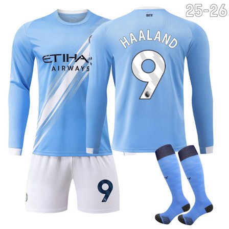 25-26 Manchester City F.C. Hjemmedrakter Langermet NO.9 HAALAND Sett Barn Voksen Fotballutstyr med Sokker