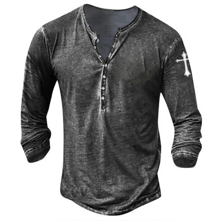 Enfärgade Knappar För Män Toppar Långärmad Henley Neck T-shirt