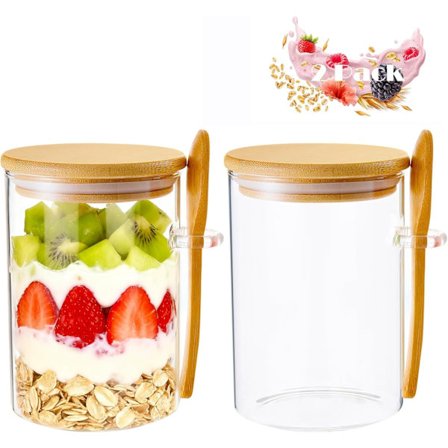 2-pakning Glass Over Natten Havre Jars med Bambuslokk og Skjeer - Lekkasjesikre Lufttette Havrebeholdere for Frokostblanding Yoghurt Chia Pudding