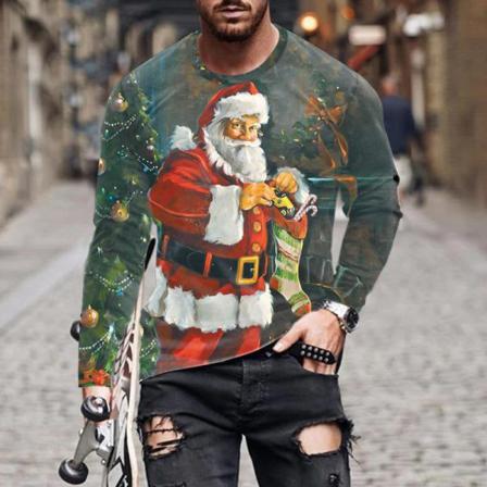 Herr Långärmad Färgblockblus Santa Claus Print Basic Tee