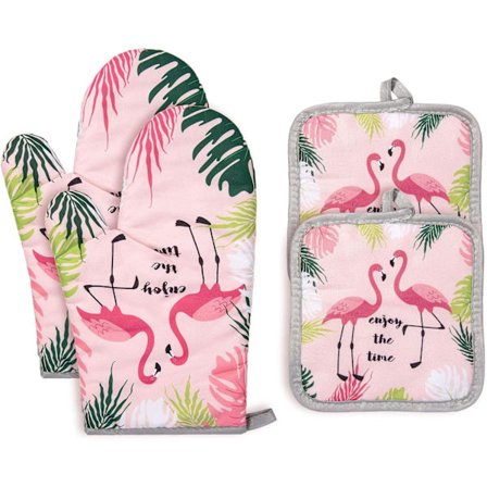 2 st Ugnshandskar och Grytunderlägg Bomull Kökshandskar Värmebeständiga Grytunderlägg för Ugn Grill Matlagning Hantering (Flamingo)