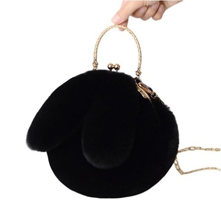 Plysj Kanin Ryggsekk Håndveske Enkelt Dobbelt Skulder Skrå Span Veske(Svart)