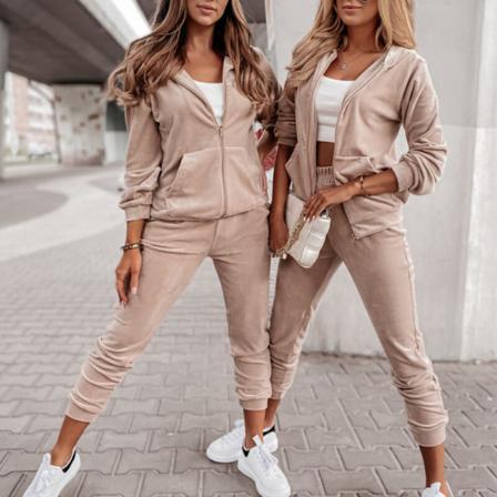 Kvinnor Långärmad Sammet Full Zip Enfärgad Hoodies Sweatsuits