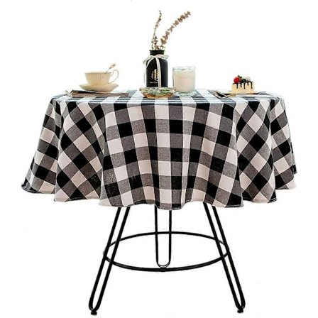 Buffalo Plaid Rund Duk Rutete Bomulls Lin Bordduk for Kjøkken Spisestue Hjemmeinnredning (Rund - 48 Tommer, Hvit & Svart)
