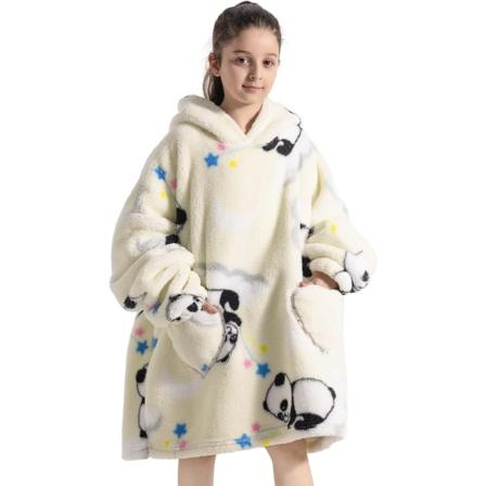 Barn Överdimensionerad Bärbar Filt Hoodie, Super Mjuk Varm Bekväm Sweatshirt Pullover Bärbar Filt för Pojkar Flickor White Panda