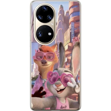 Kompatibel Mobilcover til Huawei Huawei P50 Pro Animalske figurer i solrig bymiljø med rosa solbriller og en positiv besked i en farverig feel-good s