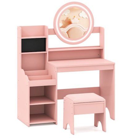COSTWAY Børnespejl med Taburet & Lys - Åbne Hylder, 84 x 37 x 107 cm Rosa