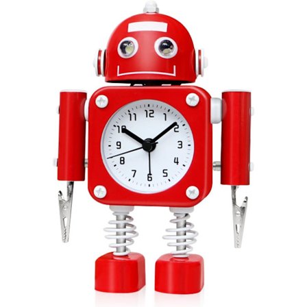 Non-ticking Robot Alarm Clock Stainless Metal - Wake-up Clock With Flashing Eye Lights And Hand Clip (ruby Red)