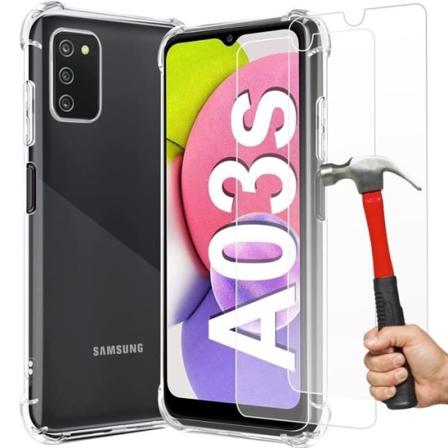 Packfodral för Samsung A03S (6,5") och 2 härdade glasögon. Packfodral Skydd 4 hörn förstärkt silikon Transparent