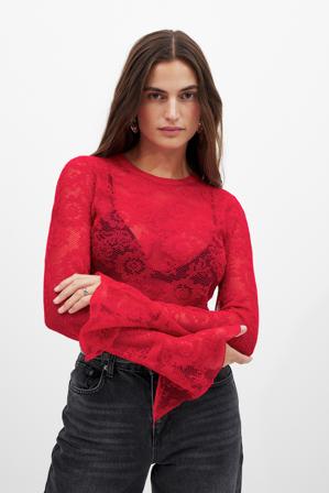 NA-KD Haut en maille de dentelle à encolure ronde - Tops habillés - Rouge - XS (EU 32)