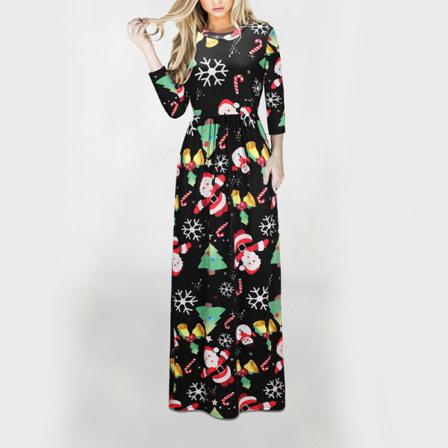 Kvinnor Långärmad Crew Neck Xmas Long Dress Swing Maxiklänningar