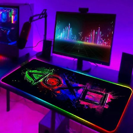 LED Gaming Musmatta Med Bakgrundsbelysning Skrivbordsmatta PSFour Musmatta RGB Gamer Skrivbordsdekorationer Dator Musmatta PC Gamer Full Matta