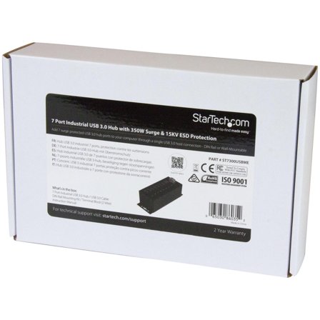 StarTech 7 Port USB Hub with Power Adapter, Surge Protection, Metal Industrial USB 3.0 Data Transfer Hub, Din Rail, Wall or Desk Mountable, High Speed