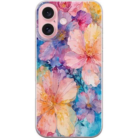 Kompatibel Mobilcover til Apple Apple iPhone 16 Vandfarve maleri med store blomster i lyserød, blå og gul toner i en blød kunstnerisk stil.