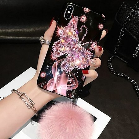 Kompatibel med iPhone 13 Pro Max-deksel, BabeMall Luksuriøs Stilig DIY Håndlaget Bling Diamant Pels Plysh Ball Stropp Kjede Deksel (Rosa)