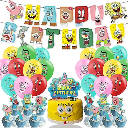 Svampebob Fødselsdagsfest Tilbehør Banner Kagepynt Cupcake Topper Balloner Dekorationssæt Cby3503