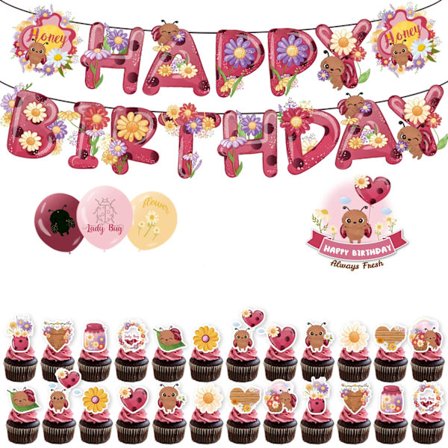 Grattis på födelsedagen Nyckelpiga Banner Tårtdekoration Ballong Födelsedagsfest Dekoration Nyckelpiga Tema Festdekoration