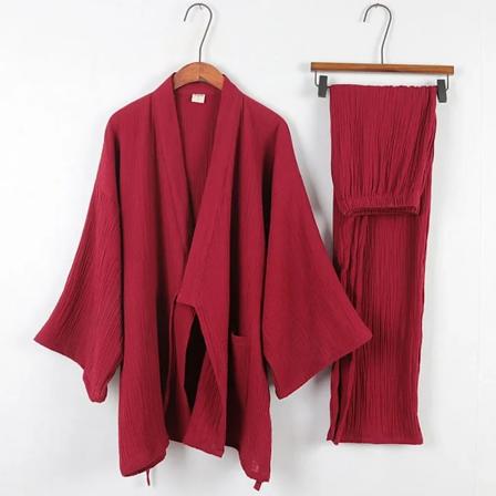 Puuvilla Japanilainen Kimono Pyjama Miehille Pitkähihaiset Housut Casual Kotipalvelu Kaksiosainen Puku Mukava Yöasu Plus Koko Red M