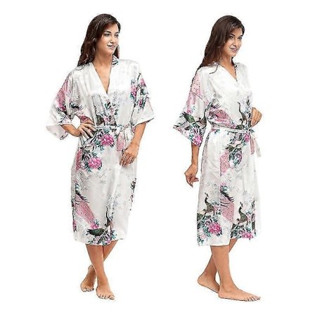 Blommig Mjuk Satin Kimono Morgonrock Bröllop Badrock Nattkläder Dam Vit M