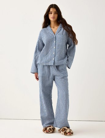 Lindex Trousers Pyjama Seersucker - Blue - XS