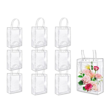 10 stk. gjennomsiktige gaveposer med håndtak, 15(L) x 7(B) x 20(H) cm gjenbrukbare PVC-toteposer, gjennomsiktig pakke