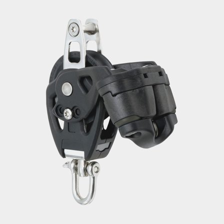 Bozzello singolo con grillo Seldén PBB 50, girevole, con cuscinetti a strisciamento, con strozzascotte e fermascotte, adatto per cime Ø8 - 12 mm