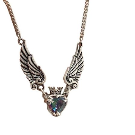 Vintage Princess Queen Crown Heart with Wings Pendant Necklace Valenti
