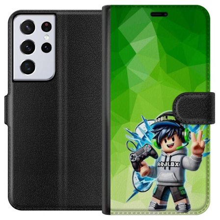 Yhteensopiva Lompakkokotelo Samsung Galaxy S21 Ultra 5G Roblox-inspiroitu pelaajahahmo, jossa on kuulokkeet, ohjain ja energiset efektit vihreää tau