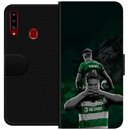 Kompatibel Tegnebogsetui til Samsung Galaxy A20s Neonmotiv med teksten "Gaming er i mit DNA" på en blå og rød murvæg med en lysende DNA-spiral.