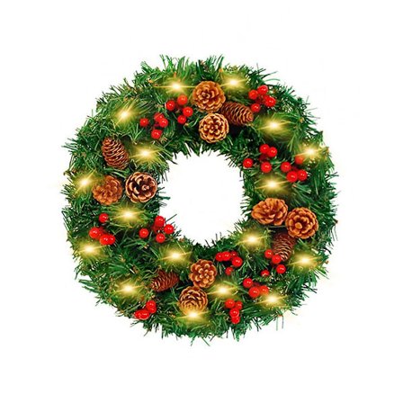 Keinotekoinen jouluseppele kävyillä ja punaisilla marjoilla, LED-valoköynnös etuovelle, seinälle, maalaistalon sisustukseen, ulko- ja sisätiloihin, 