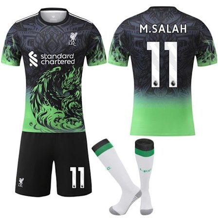 25-26 Liverpool Grön Specialutgåva NO.11 M.SALAH Tröjor Barn Vuxen Fotbollsutrustning med Strumpor NO.11 28