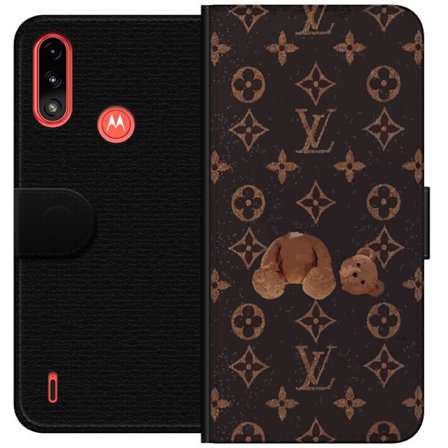 Kompatibel Tegnebogsetui til Motorola Motorola Moto E7 Power Luksuriøst monogrammønster med knust bamse i mørk modeæstetik