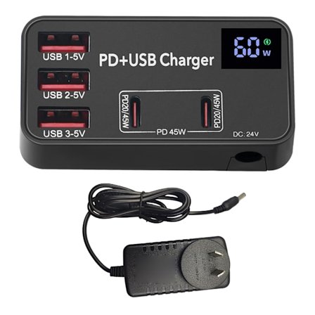 USB-oplader, 60W 5-ports desktop USB-opladerstation med 3x USB-port +2x Type-C-port AC100-240V 50/60Hz brede spændinger