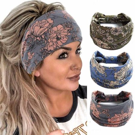 Hårband Brett Knutet Hårscarf Blommigt Tryckt Hårband Elastisk Turban Tjock Huvudbonad