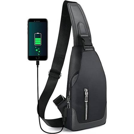 Skuldertaske, Brysttaske med USB-opladningsport, Letvægts Crossbody til Mænd Kvinder Til Vandreture, Cykling, Rejser, Shopping(Sort)