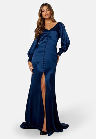 Goddiva Satin Button Front Maxi Dress Navy Klær