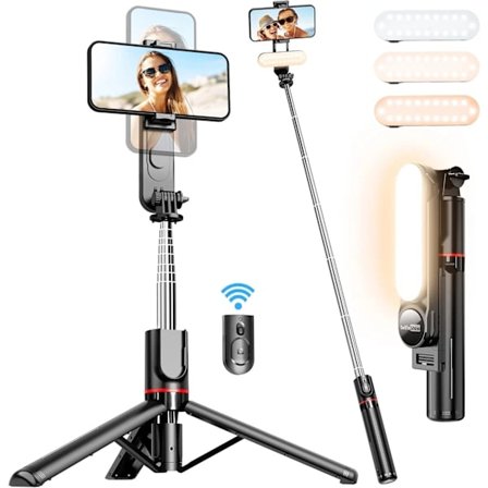 Stabil Selfiestick Stativ med Fyldningslys, 112 cm Udtrækkelig Selfiestick med Trådløs Fjernbetjening og Stativ 360° Rotation til iPhone 1