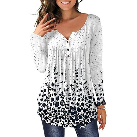 Naisten tunikat, yksivärinen laskostettu V-kaula-aukko, napitettava pusero, kukkakuvioinen