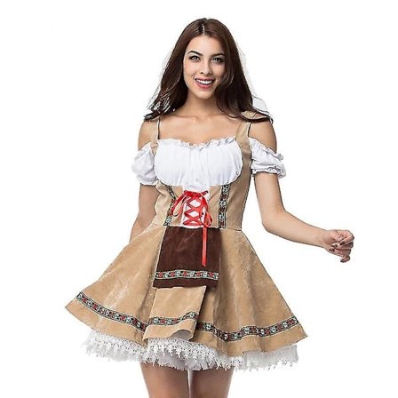 Dame Oktoberfest-kostyme Tyskland Bayersk ølserveringspike servitør Cosplay-parade Tavern Carnival Fancy Party-kjole Beige S