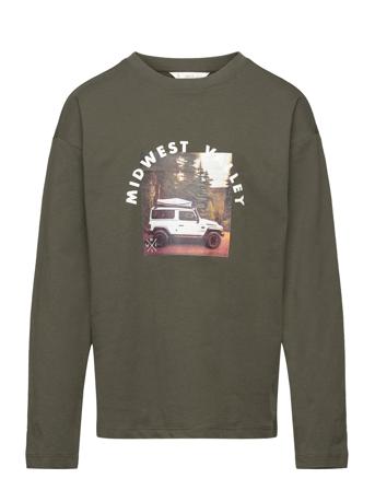 Printed Cotton-Blend T-Shirt T-shirts Long-sleeved T-shirts Kakigrønn Mango*Betinget Tilbud