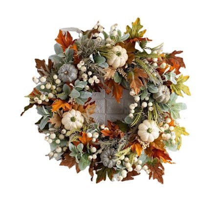Efterårsdørkrans, vægdekoration, hvide græskar og bær 45cm