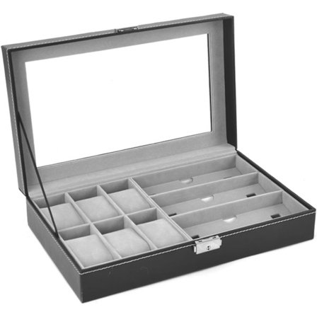 Læder 6 Ur og 3 Briller & Solbriller Boks med Smykke Display Case Organizer, Herre Dame Opbevaringsholder Bokse