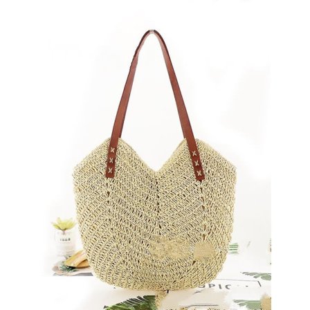 Handvävd Halm Axelväska För Kvinnor Stor Sommar Strand Läderhandtag Handväska Tote A916-169 Vit