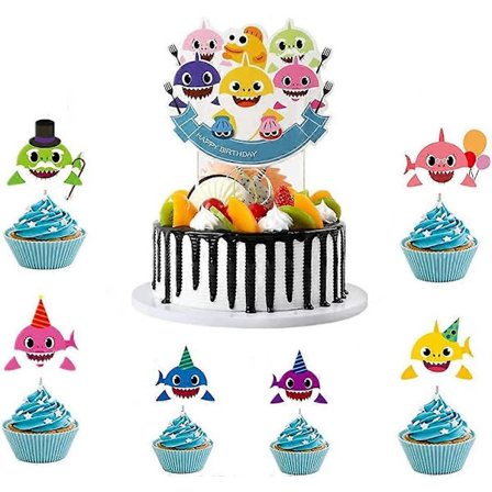 7 stk Hai-Cupcake Topper Barntemafest Tilbehør Familie Dusj Bursdagsfest Dekorasjoner (FMY)