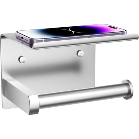 Toalettpapirholder med hylle, veggmontering med lim eller skruer, multifunksjonell baderomsdispenser i rustfritt stål, børstet nikkel