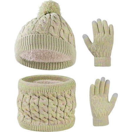 Barnesett med lue, skjerf og hansker - 3-i-1 tykk, myk og varm lue - Grønn