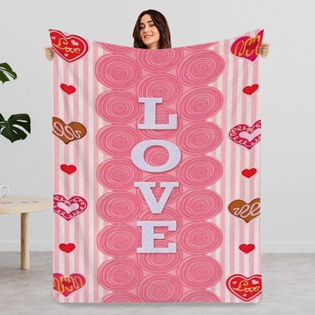 Vaaleanpunainen LOVE-peitto – Ystävänpäivälahja vaimolle/tyttöystävälle. Pehmeä ja mukava heitto sohvalle/sänkyyn, lämmin flanellipeitto 