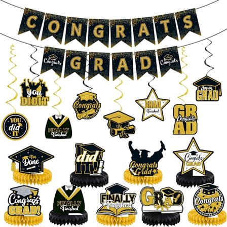 Grattis Examensfest Dekorationsset, Hängande Banner & Honeycomb Virveldekorationer - Spiraldekorationer för Examensfirande
