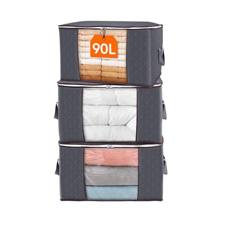 90L Oppbevaringsposer for klær, stor oppbevaringsboks med lokk, flytteesker med forsterket håndtak, tykt stoff - 3 pakker, grå